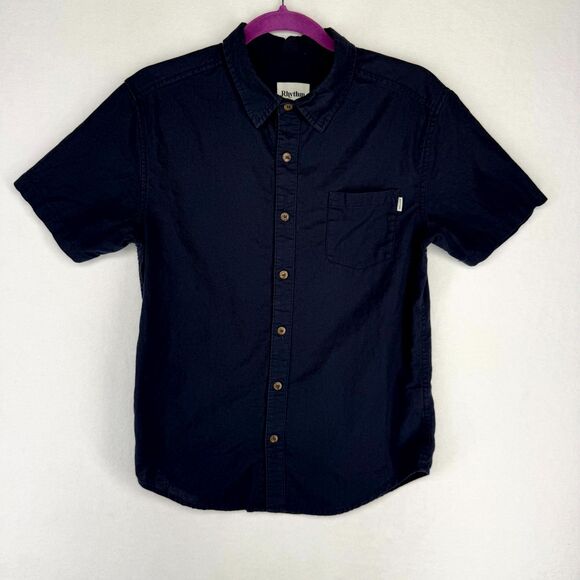 Rhythm. Mens Dark Blue Linen Blend Short Sleeve Button Down Shirt Size S‎ - Picture 1 of 9
